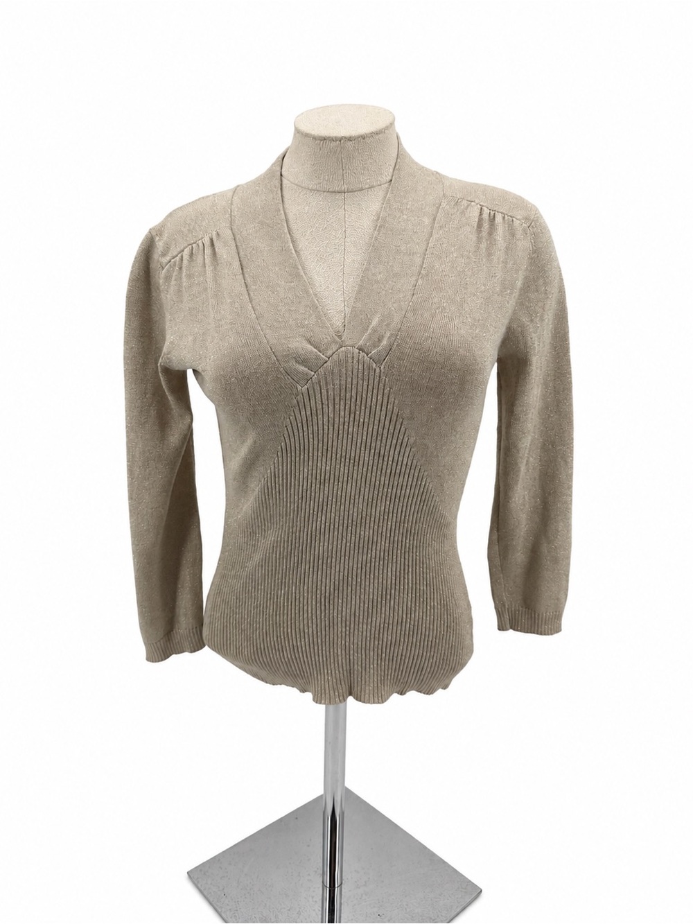 George Silk Blend Metallic Gold V Neck Sweater Top Womens Small Y2K